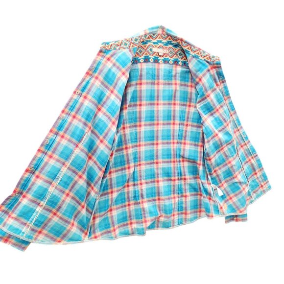 Tin Haul Womens Size L Western Plaid Button-Up Western Shirt Aztec Lining Cotto - Picture 8 of 16
